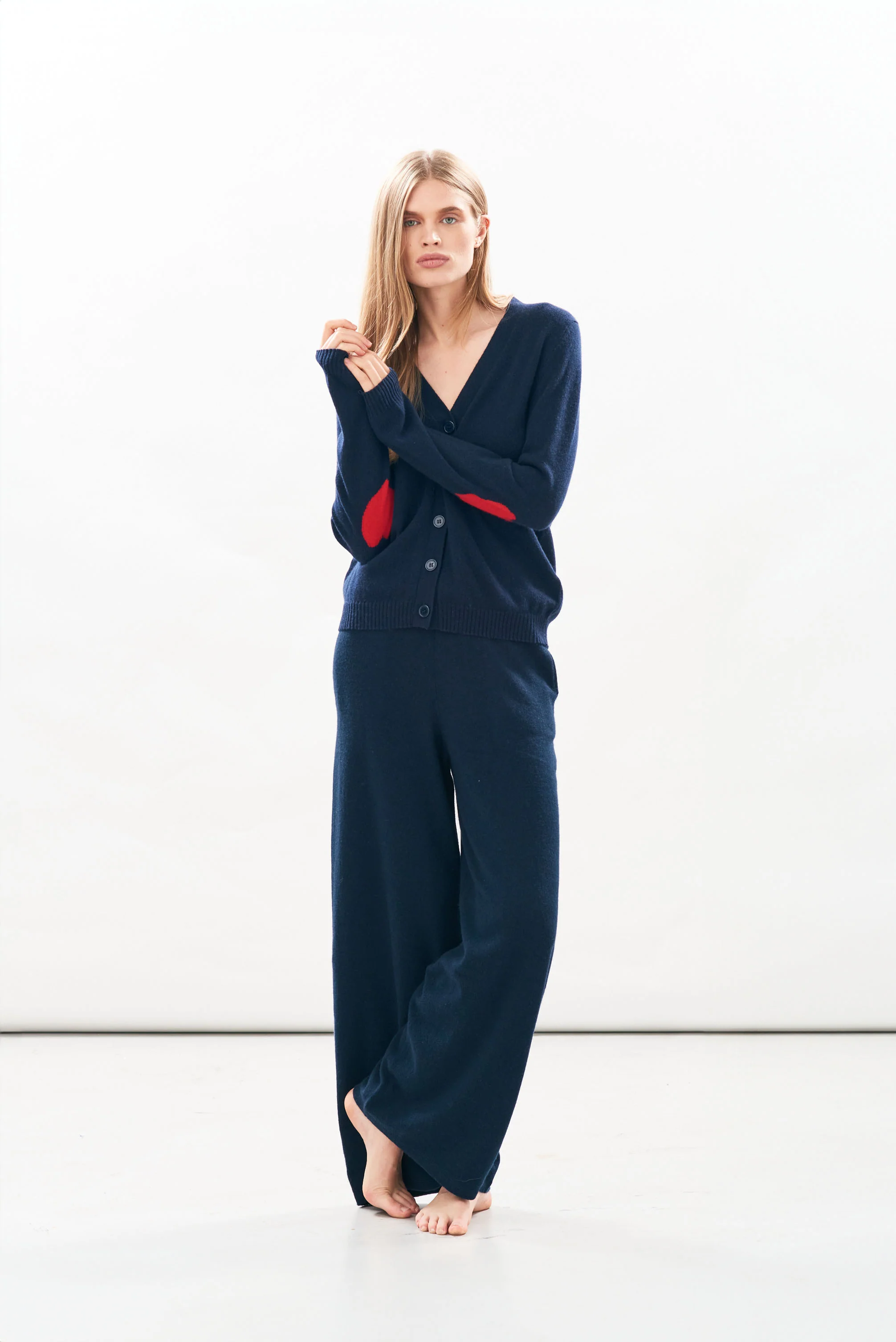 Heart Patch Cashmere Cardigan in Navy and Red - Image 3