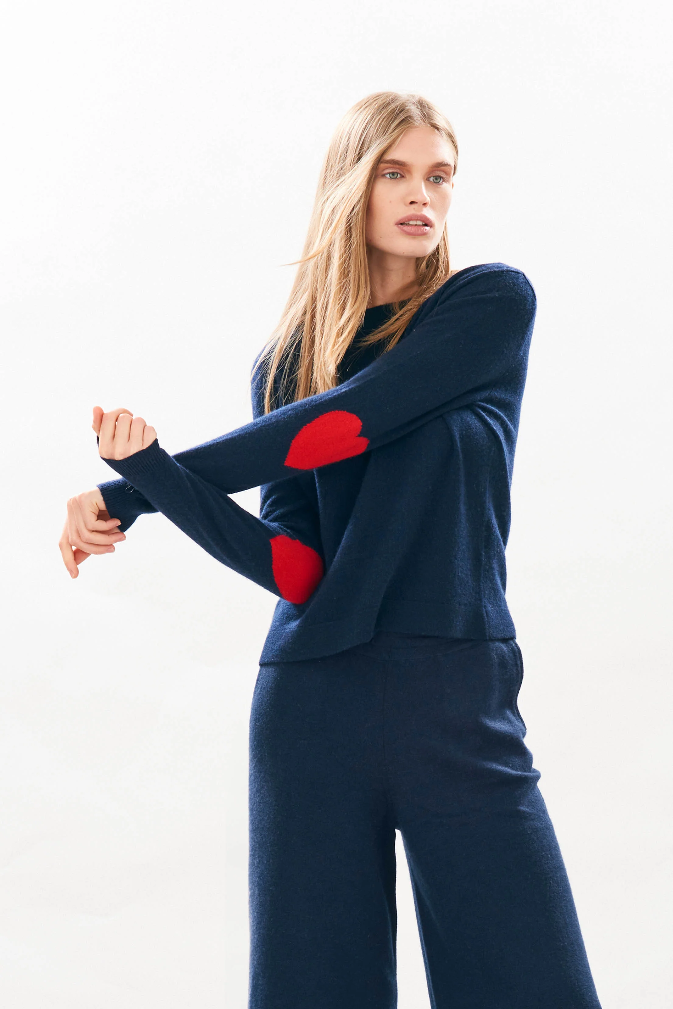 Heart Patch Cashmere Crew in Navy and Red - Image 5