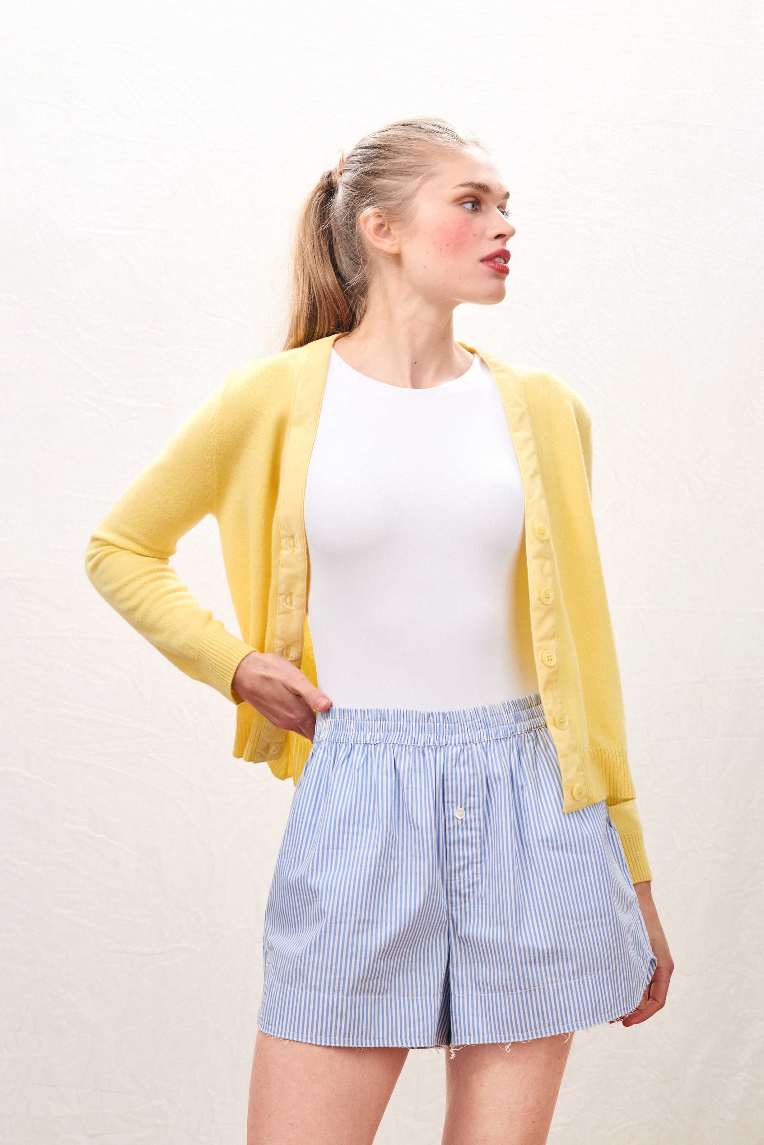 Merino Velvet Little Cardigan in Yellow - Image 2