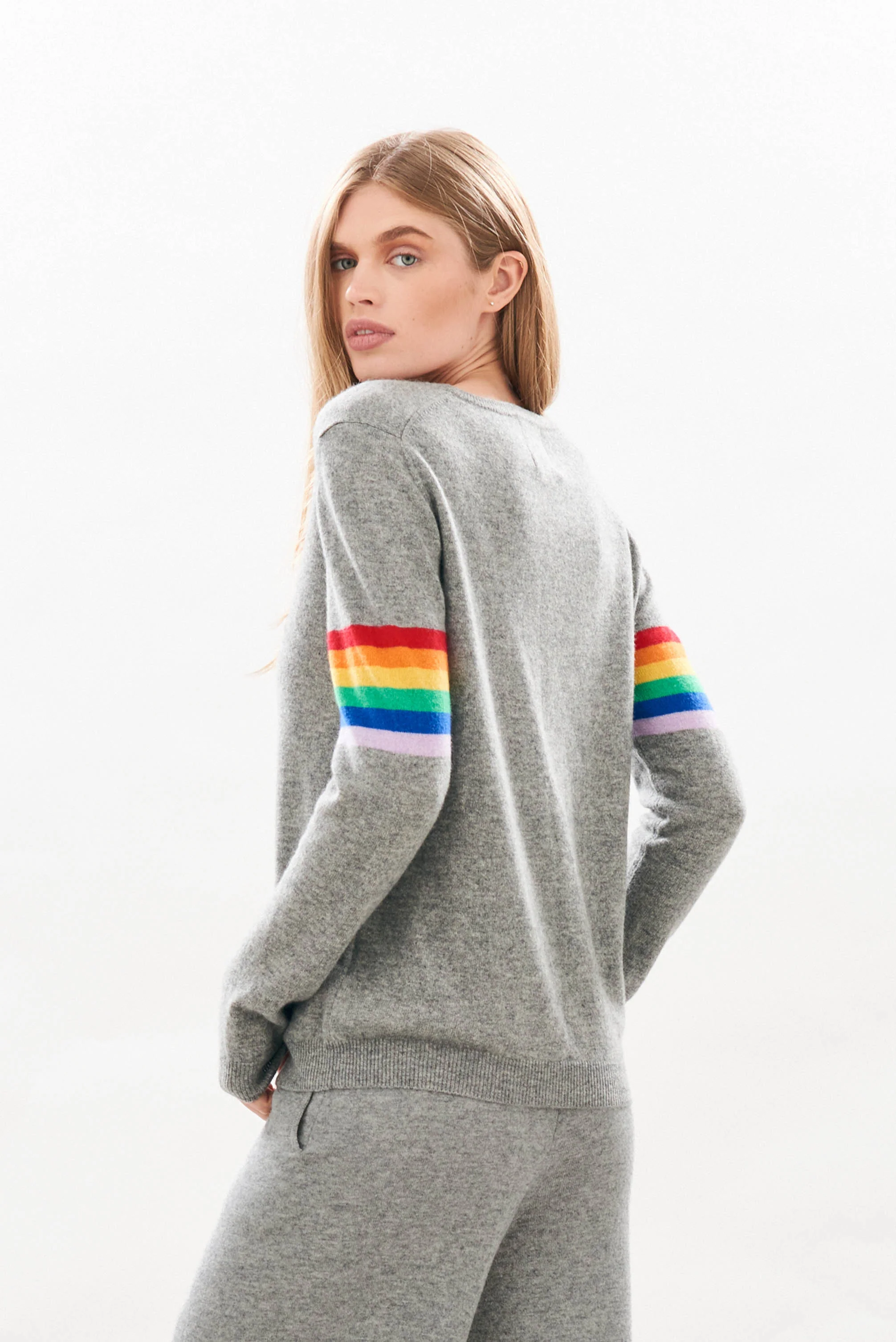 Rainbow Arms Cashmere Crew in Mid Grey - Image 3