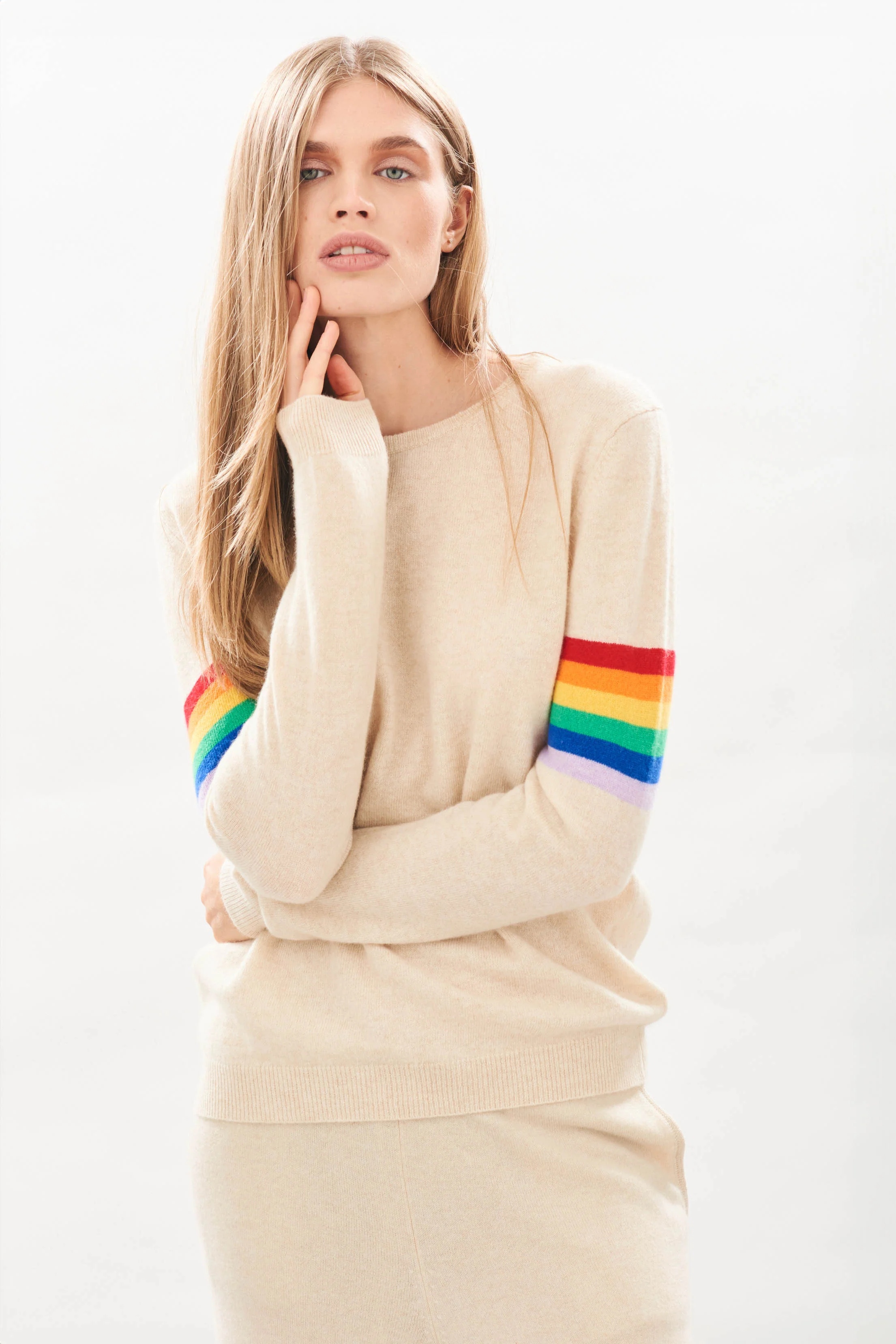 Rainbow Arms Cashmere Crew in Oatmeal - Image 3