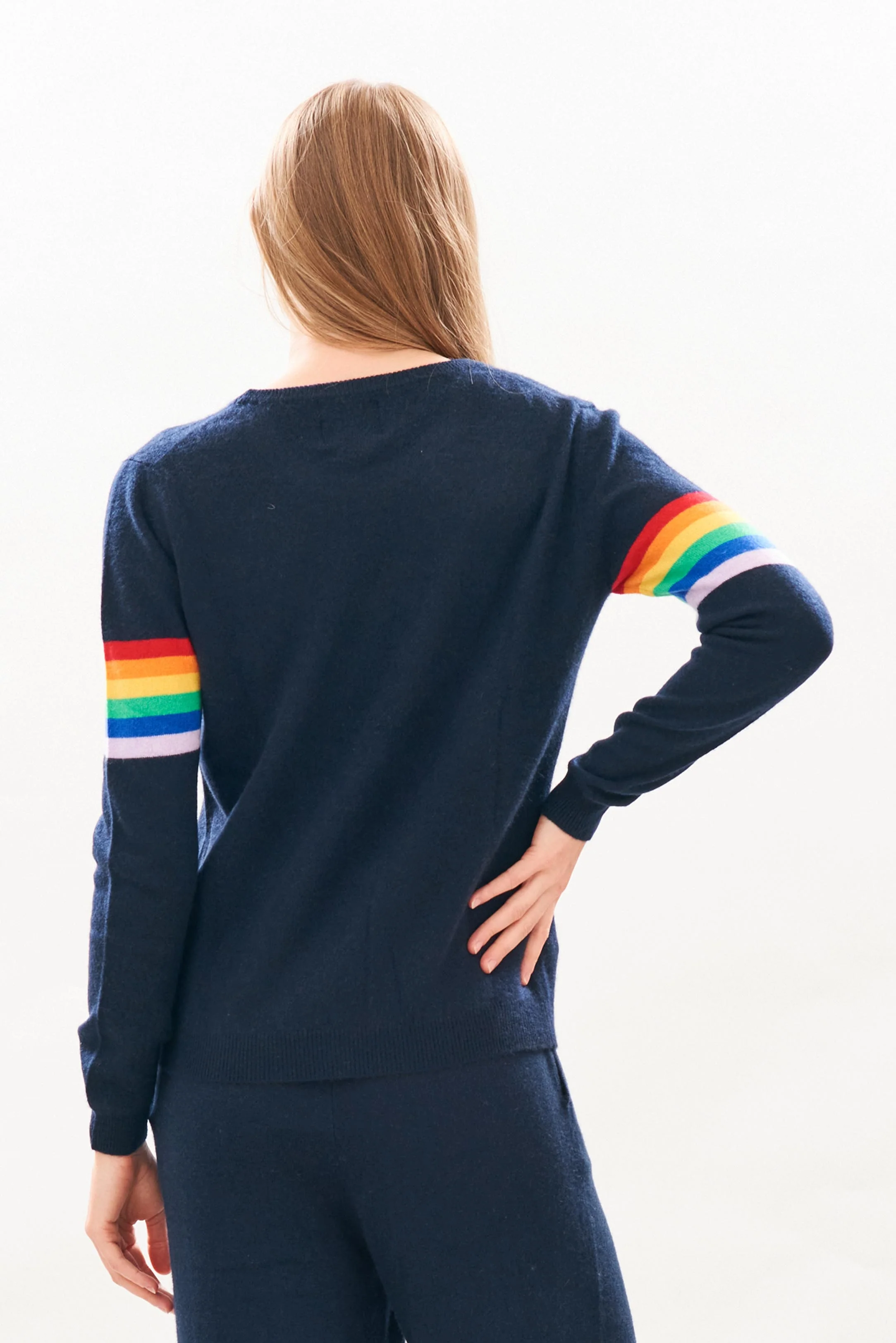 Rainbow Arms Cashmere Crew in Navy - Image 3