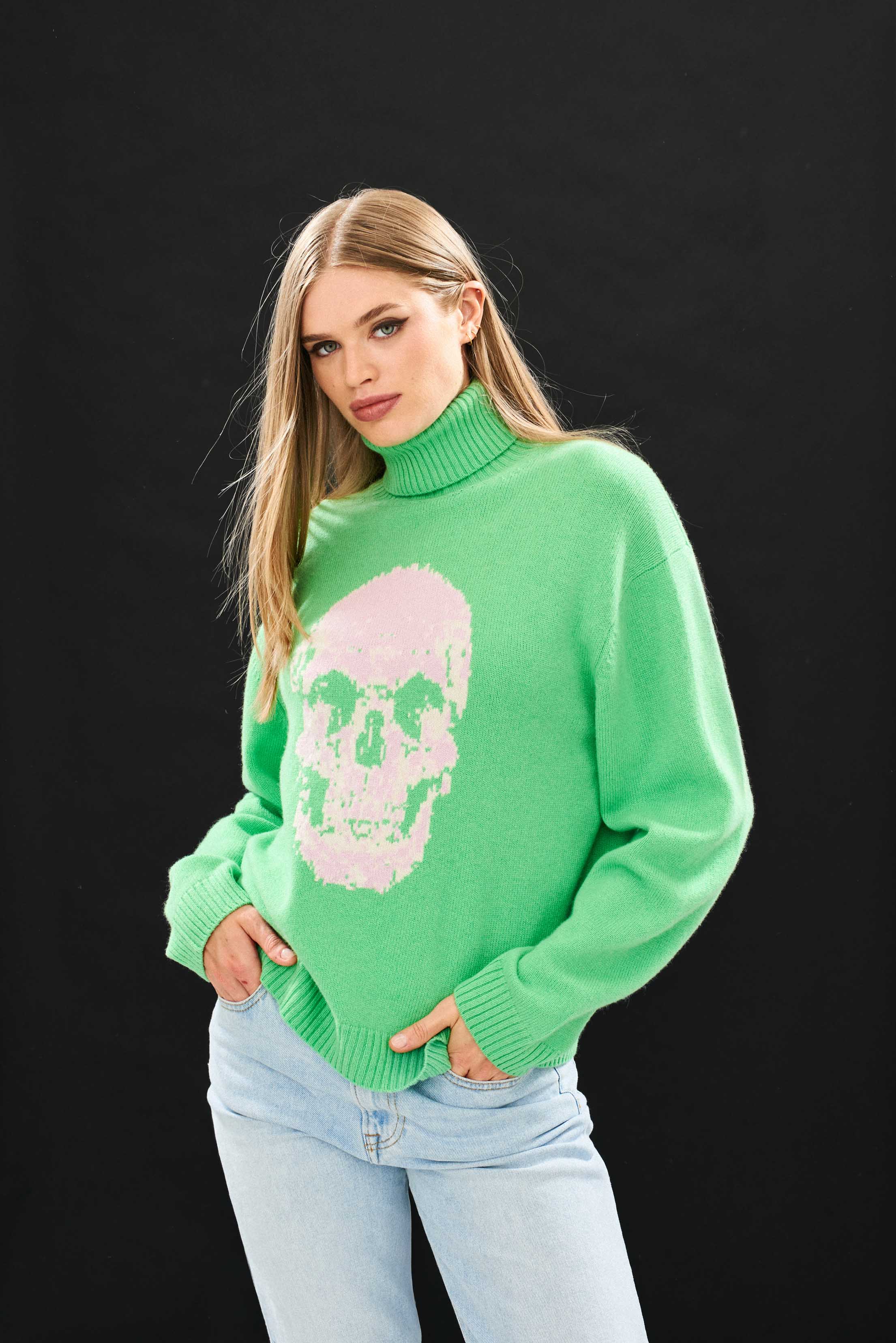 Cashmere Wool Skull Roll Collar in Green - Image 2